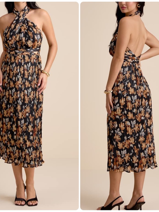 Lulus Dresses & Skirts - Lulus Gardena Black Floral Pleated Cross-Front Halter Midi Dress
